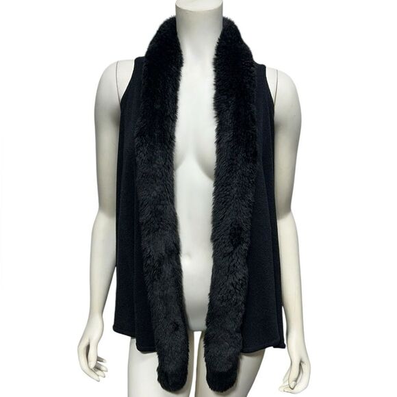 Joseph Ribkoff Fur Trim Sleeveless Cardigan Vest Black Open Sweater Fall Winter - Picture 1 of 7